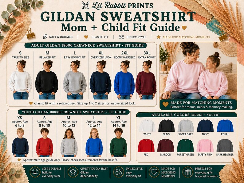 Op de afbeelding: Een maattabel voor Gildan sweatshirts voor volwassenen en kinderen. De afbeelding toont verschillende kleuren, waaronder wit, zwart en marineblauw. De tekst luidt "Mom + Child Fit Guide" en "Made for Matching Moments".