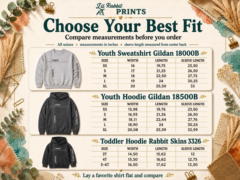 Op de afbeelding: Een productvergelijkingstabel met de tekst "Choose Your Best Fit" en afmetingen in inches. De tabel bevat sweatshirts, hoodies en hoodies voor peuters, met details over de breedte, lengte en mouwlengte voor elke maat.