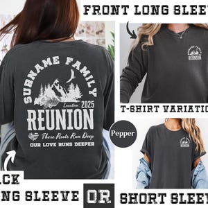 a woman wearing a long sleeve shirt with the words reunion printed on it