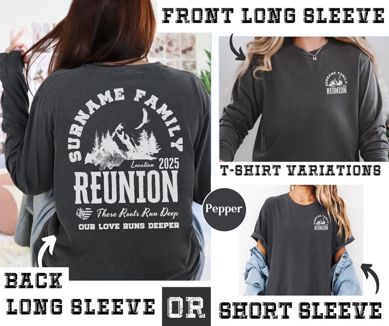 a woman wearing a long sleeve shirt with the words reunion printed on it