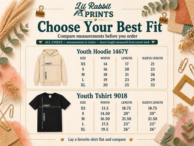 Puede incluir: Tabla de tallas para sudaderas con capucha y camisetas juveniles. La tabla incluye medidas en pulgadas para ancho, largo y largo de manga. El texto "Choose Your Best Fit" se muestra en la parte superior, con la marca "Lil Rabbit PRINTS".