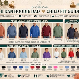 Op de afbeelding: Een productgids voor Gildan hoodies, met maten voor volwassenen, jeugd en peuters. De gids toont verschillende kleuren en pasvormen van hoodies, waaronder getailleerde, relaxte en ruimere stijlen. De tekst bevat "Zacht & Duurzaam".