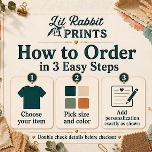 Op de afbeelding: Een decoratieve poster met de tekst "Lil Rabbit PRINTS" en "How to Order in 3 Easy Steps". De stappen worden ge&iuml;llustreerd met een t-shirt, kleurstalen en een notitieblok met een potlood. De poster heeft een neutraal kleurenpalet.