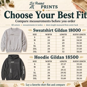 Op de afbeelding: Afbeelding met de tekst "Choose Your Best Fit". Maattabel voor Gildan 18000 sweatshirts en Gildan 18500 hoodies, met breedte, lengte en mouwlengte in inches. Unisex maten.