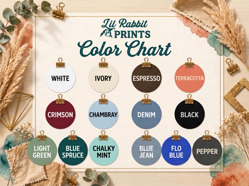 The image is a color chart featuring various color names such as White, Ivory, Espresso, Terracotta, Crimson, Chambray, Denim, Black, Chunky Mint, Light Green, Blue Spruce, Blue Jean, and Flo Blue.