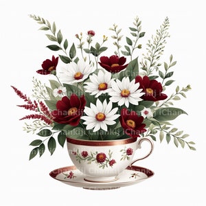 10 fiori nella tazza di tè Clipart, Illustrazione floreale della tazza di tè, Clipart acquerello stampabile, Download digitale, Mestiere con la carta, Diario spazzatura