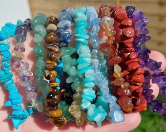 Crystal Bracelets, Natural Crystal Chip Bracelet and Round Beaded Crystal Bracelet, Stretchy, Crystal Gift