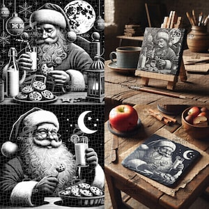 Könnte beinhalten: Eine Schwarzweißillustration von Weihnachtsmann, der einen Teller Kekse und Milch genießt. Die Illustration ist vor einem dunklen Hintergrund mit einer Sichelmond und Sternen.