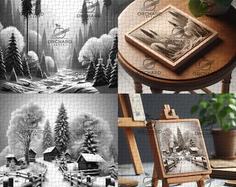 May include: A black and white pencil drawing of a snowy forest scene with a small cabin in the foreground. The drawing is framed and displayed on a wooden easel.