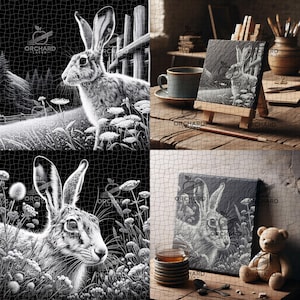 Puede incluir: Dos ilustraciones en blanco y negro de una liebre en un campo de flores. La liebre está representada en un estilo realista con pelaje y bigotes detallados. Las ilustraciones están enmarcadas en blanco y negro y se muestran sobre un fondo negro.