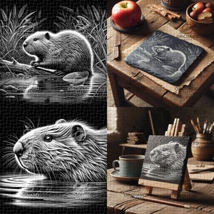 May include: Two black and white illustrations of a beaver, one on a slate coaster and the other on a slate tile. The beaver is depicted in a realistic style with detailed fur and whiskers. The slate coasters are on a wooden table with a cup of coffee and a paintbrush.