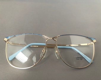 Hochwertiger Vintage-Brillenrahmen für Damen aus Metall in Gold/Blau. Ganz neu, ungetragen