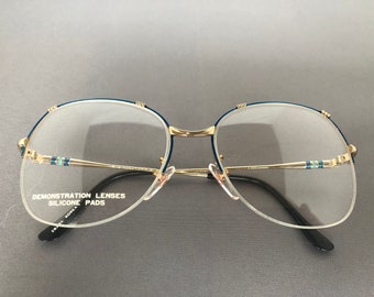 Qualität Vintage 1980er Metall Gold / Blau Brillengestell. Klassischer Stil. Nagelneu, Ungetragen