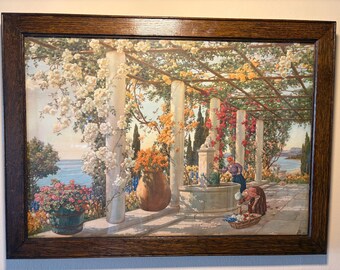 Litografía antigua titulada Riviera francesa con figuras de Fredrick Marriot (1860-1941) c.1929