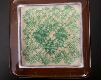 Bobbin lace clear glass handmade paperweight Vintage square green miniature doily.