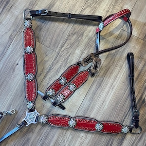May include: A red and black horse tack set with silver-tone accents and clear rhinestones. The set includes a headstall, breast collar, and reins. The red leather has a crocodile texture.