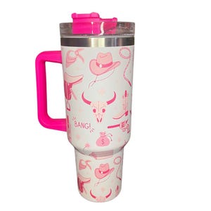 Western Cowgirl White and Pink Tumbler Mug 40oz