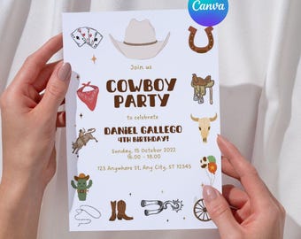 Op de afbeelding: Een witte uitnodigingskaart met een cowboythema. Er staat "Join us Cowboy Party to celebrate Daniel Gallego 4th Birthday!" op met een datum en tijd. De kaart is versierd met cowboyhoeden, hoefijzers en andere western-illustraties.