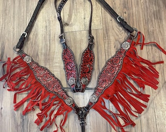 Red Western tooled leather tack set (BHT055)