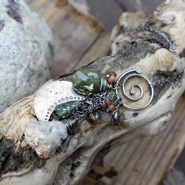 RESERVED - Deposit - Sacred Spiral Taliman - Ocean Jasper - Sunstone - Andalusite - Mystic Drusy Quartz - Sterling Silver Necklace - Artisan