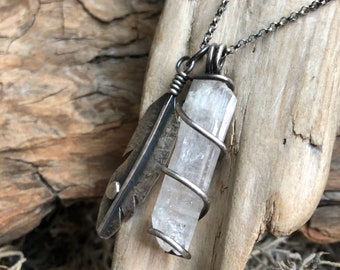 Wild Soul Feather and Natural Danburite Crystal - sterling silver artisan made one of a kind