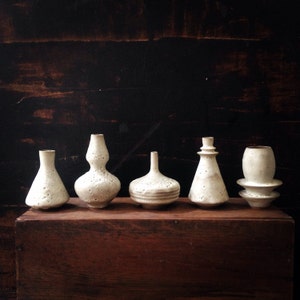 5 rustic modern stoneware mini bud vases with crater white matte glaze by sara paloma pottery. Handmade stoneware mid century modern decor image 2