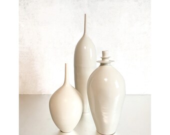 SHIPS NOW- Set of 3 Stoneware Bottle Vases in Off-White Gloss Glaze