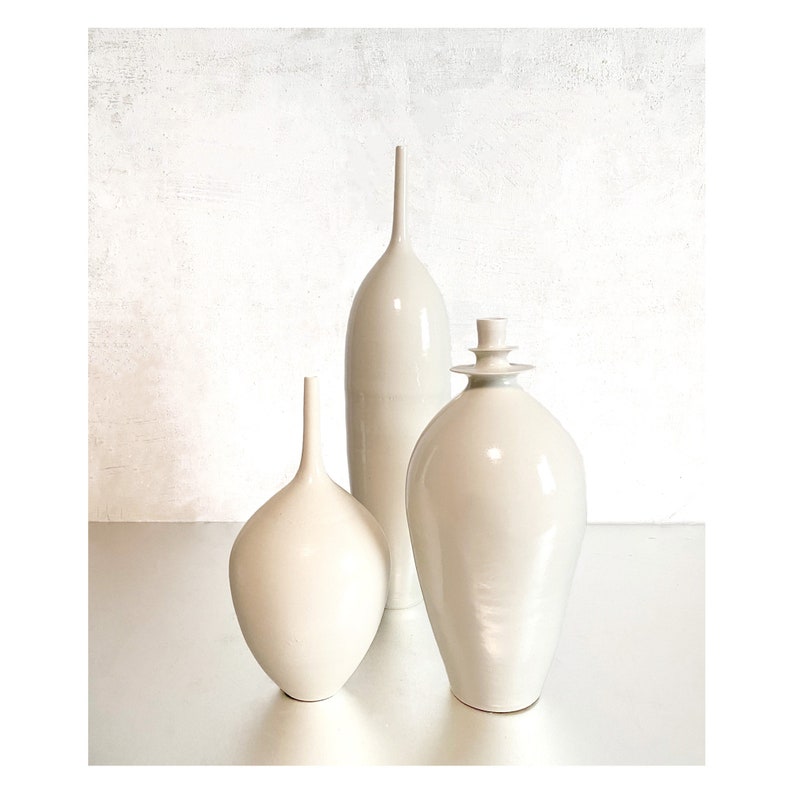 SHIPS NOW Set of 3 Stoneware Bottle Vases in Off-White Gloss Glaze image 1