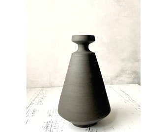 Large Angular Stoneware Vase for Modern Flower Arrangements . Raw Unglazed Black Ceramic Bud Vase