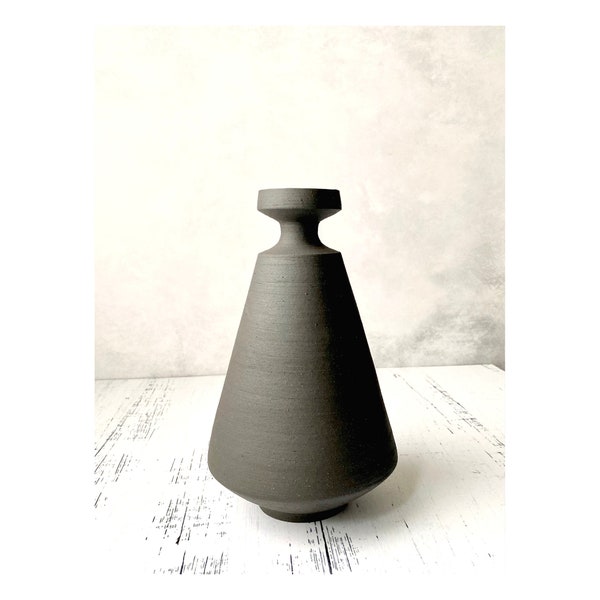 Large Angular Stoneware Vase for Modern Flower Arrangements . Raw Unglazed Black Ceramic Bud Vase