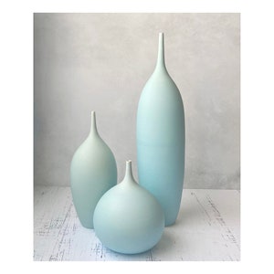 3 Large Mid Century Modern Vases in Ice Blue Matte by Sara Paloma light blue pastel scandi credenza decor silhouette vase