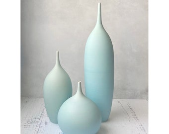 3 Large Mid Century Modern Vases in Ice Blue Matte by Sara Paloma light blue pastel scandi credenza decor silhouette vase