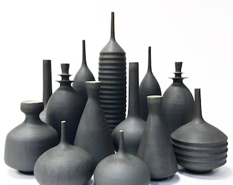 Handmade Ceramic Collection of 13 stoneware vases by Sara Paloma Pottery glazed in Old Slate Matte. gothic architectural minimalist pottery