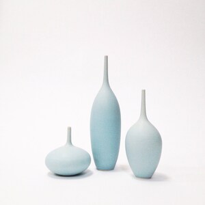 Set of 3 Small light blue matte handmade Bud Vases. modern minimal pottery by Sara Paloma minimalist mini pastel bud vase image 2