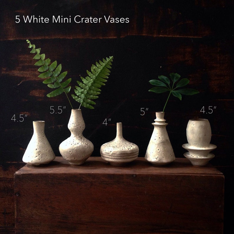 5 rustic modern stoneware mini bud vases with crater white matte glaze by sara paloma pottery. Handmade stoneware mid century modern decor image 3