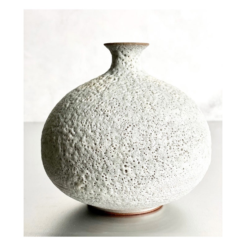 Modern Textural Ceramic Round Flower Vase in Crater White Lava Glaze by Sara Paloma Pottery . textural minimal botanical earthy bud vase image 3