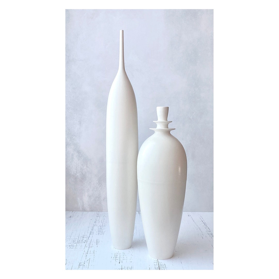 Set of 2 Tall Slim Ceramic Bottle Vases in Warm off White Satin Matte