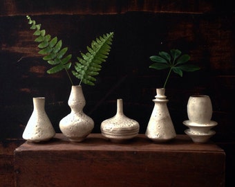 5 rustic modern stoneware mini bud vases with crater white matte glaze by sara paloma pottery.  Handmade stoneware mid century modern decor