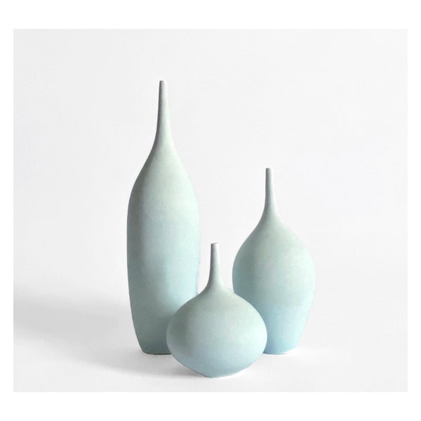 Set of 3 Small light blue matte handmade Bud Vases. modern minimal pottery by Sara Paloma minimalist mini pastel bud vase