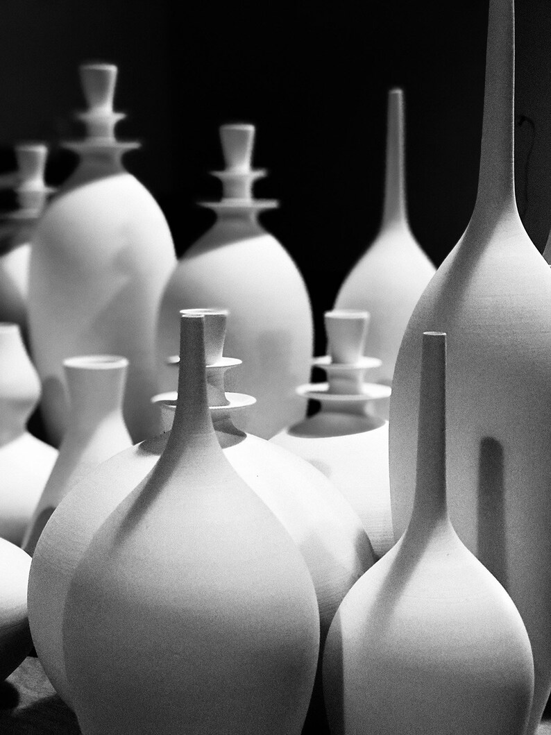 May include: A collection of white ceramic vases with various shapes and sizes. Some vases have long, slender necks, while others have bulbous bodies and decorative stoppers. The monochromatic image highlights the textures and forms of the pottery.