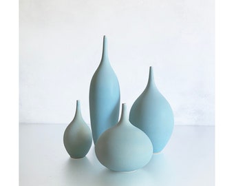 SHIPS NOW- Set of 4 Sm/Med Stoneware Bottles in Ive Blue Super Matte by Sara Paloma Pottery -