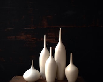 White Ceramic Vase Set, 5 handmade modern stoneware bottle vases glazed in matte white by Sara Paloma Pottery, MADE TO ORDER