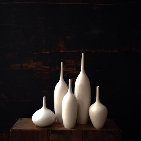 White Ceramic Vase Set, 5 handmade modern stoneware bottle vases glazed in  matte white by Sara Paloma Pottery, MADE TO ORDER
