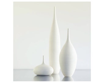 3 Large White Ceramic Stoneware Bottle Vases Glazed in Calming White Matte by Sara Paloma Pottery. elegant tabletop natural airy floor vases