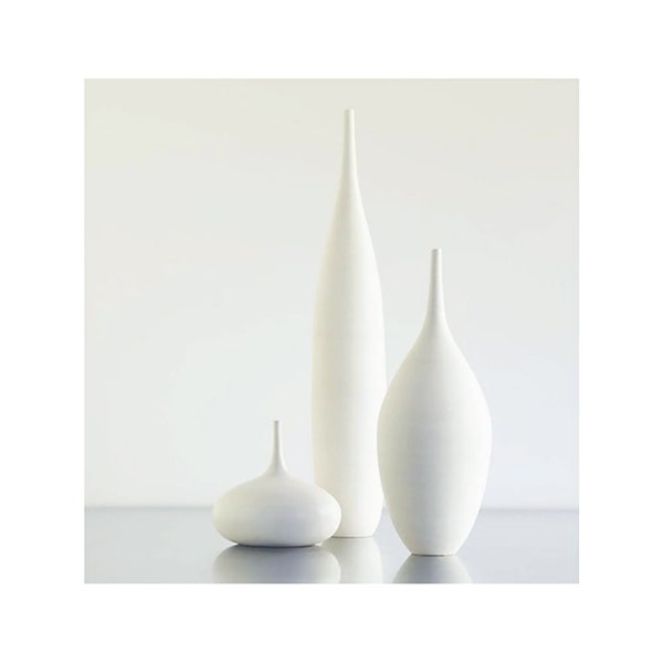 3 Large White Ceramic Stoneware Bottle Vases Glazed in Calming White Matte by Sara Paloma Pottery. elegant tabletop natural airy floor vases