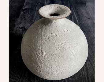 SHIPS NOW- Seconds Sale - Stoneware Round Flanged Bud Vase with White Crater Lava Glaze by Sara Paloma Pottery - 6.5" tall x 6.5" across