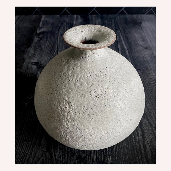 SHIPS NOW- Seconds Sale - Stoneware Round Flanged Bud Vase with White Crater Lava Glaze by Sara Paloma Pottery - 6.5" tall x 6.5" across