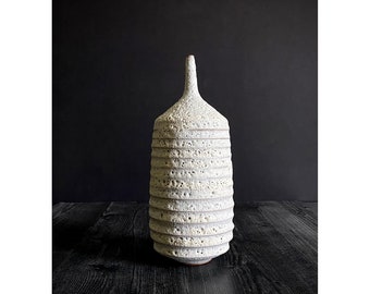 11-12" Stoneware Ribbed Bottle Vessel with White Textural Crater Glaze by Sara Paloma Pottery. rustic modern minimalist sculptural ceramics