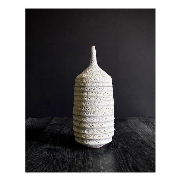 11-12" Stoneware Ribbed Bottle Vessel with White Textural Crater Glaze by Sara Paloma Pottery. rustic modern minimalist sculptural ceramics