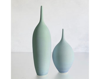 SHIPS NOW- Seconds Sale- 2 Stoneware Bottle Vases in Matte Ice Blue Glaze - Handmade Studio Pottery Sara Paloma Pottery *